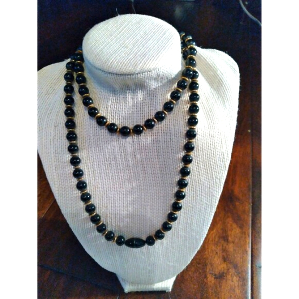 Black Beaded Necklace Long Opera Length Gold Accents Elegant‎ Classic